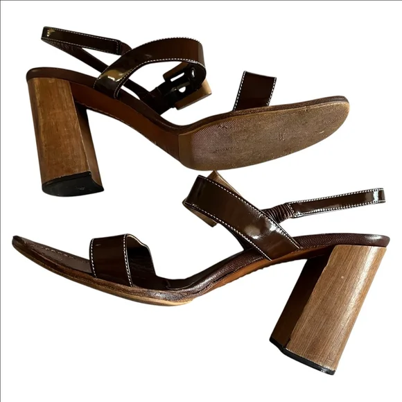 Women's Prada Brown Patent Leather Wood Heel Sandals Size 9 - Picture 5 of 11